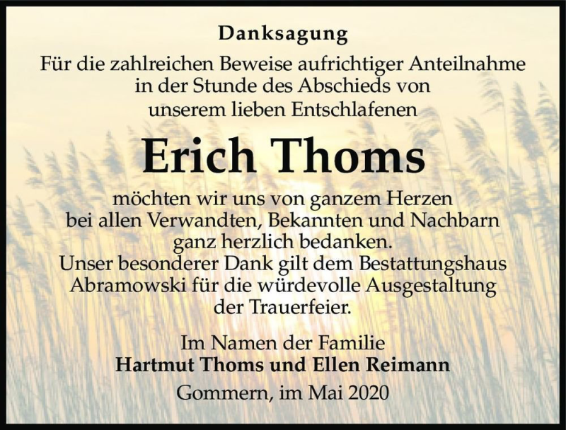 Traueranzeige für Erich Thoms  vom 30.05.2020 aus Magdeburger Volksstimme
