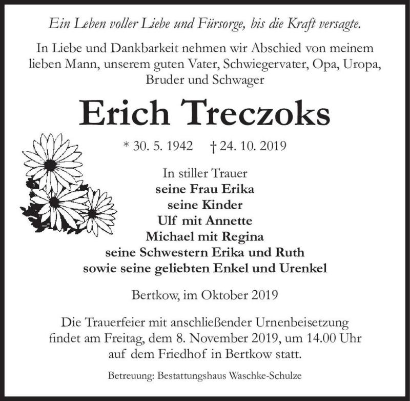  Traueranzeige für Erich Treczoks  vom 26.10.2019 aus Magdeburger Volksstimme