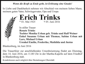 Traueranzeige von Erich Trinks  von Magdeburger Volksstimme