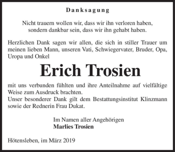 Traueranzeige von Erich Trosien  von Magdeburger Volksstimme