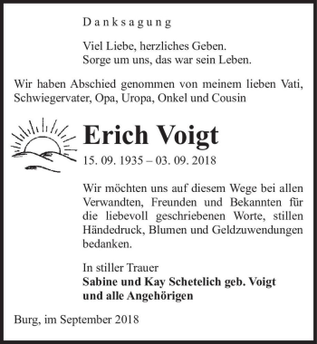 Traueranzeige von Erich Voigt  von Magdeburger Volksstimme