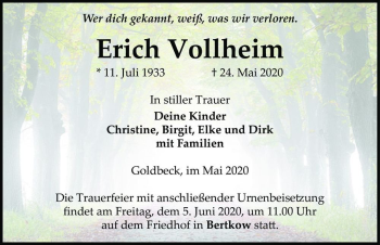 Traueranzeige von Erich Vollheim  von Magdeburger Volksstimme