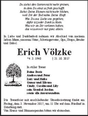 Traueranzeige von Erich Völzke  von Magdeburger Volksstimme