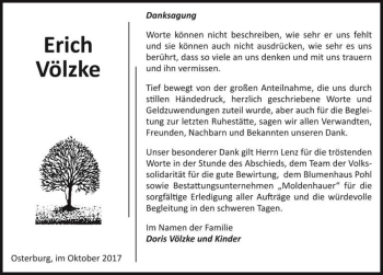 Traueranzeige von Erich Völzke  von Magdeburger Volksstimme