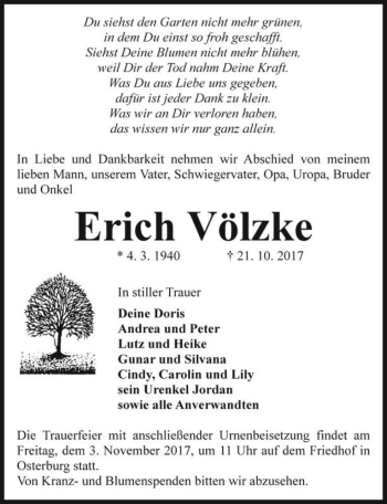 Traueranzeige von Erich Völzke  von Magdeburger Volksstimme