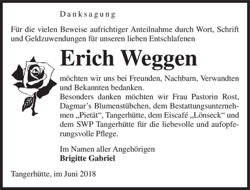  Traueranzeige für Erich Weggen  vom 07.07.2018 aus Magdeburger Volksstimme