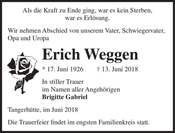 Traueranzeige von Erich Weggen  von Magdeburger Volksstimme