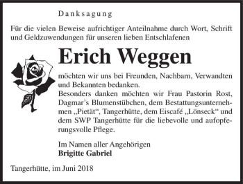 Traueranzeige von Erich Weggen  von Magdeburger Volksstimme