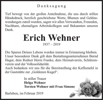 Traueranzeige von Erich Wehner  von Magdeburger Volksstimme