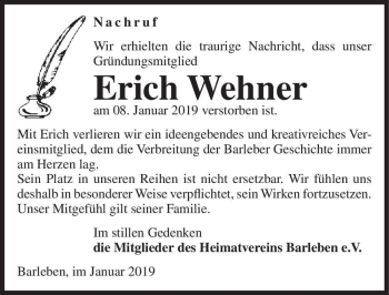 Traueranzeige von Erich Wehner  von Magdeburger Volksstimme