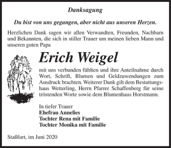 Traueranzeige von Erich Weigel  von Magdeburger Volksstimme