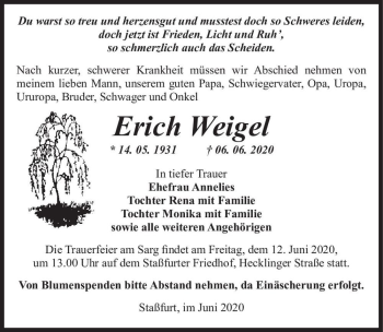 Traueranzeige von Erich Weigel  von Magdeburger Volksstimme
