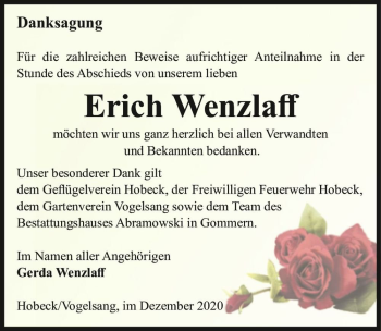 Traueranzeige von Erich Wenzlaff  von Magdeburger Volksstimme