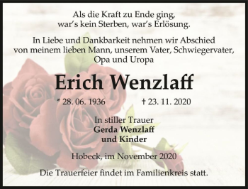 Traueranzeige von Erich Wenzlaff  von Magdeburger Volksstimme