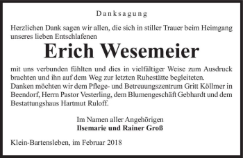 Traueranzeige von Erich Wesemeier  von Magdeburger Volksstimme