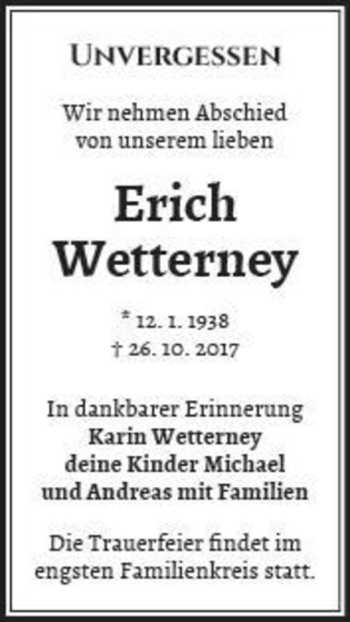 Traueranzeige von Erich Wetterney  von Magdeburger Volksstimme