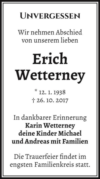 Traueranzeige von Erich Wetterney  von Magdeburger Volksstimme