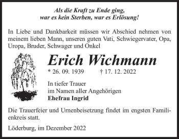 Traueranzeige von Erich Wichmann  von Magdeburger Volksstimme