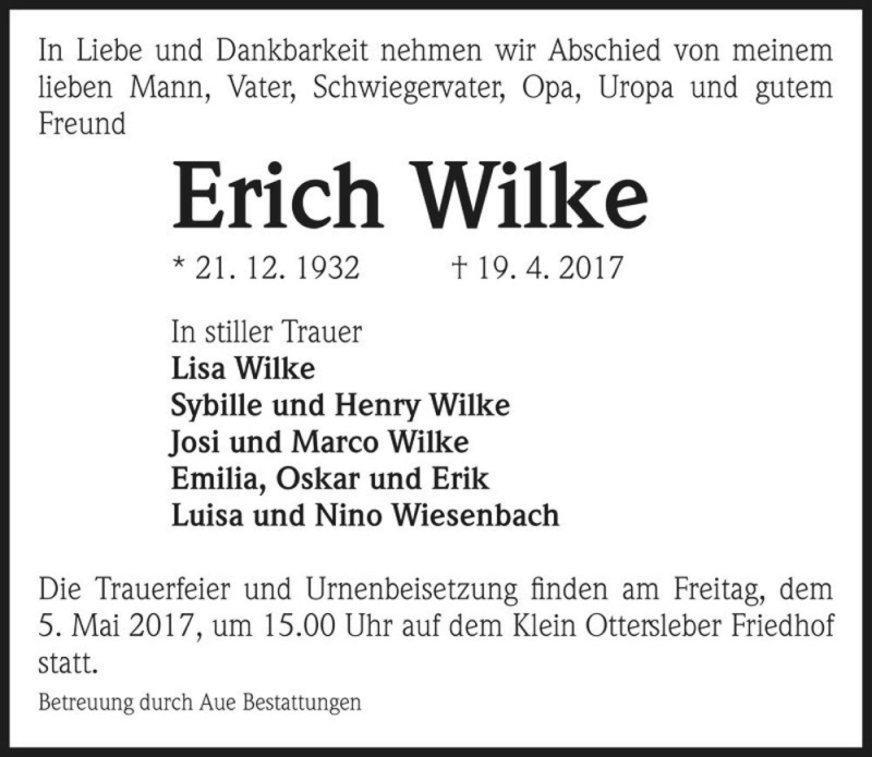  Traueranzeige für Erich Wilke  vom 22.04.2017 aus Magdeburger Volksstimme