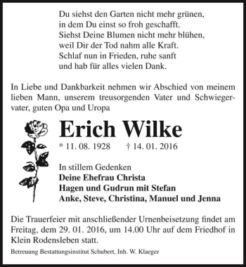 Traueranzeige von Erich Wilke  von Magdeburger Volksstimme