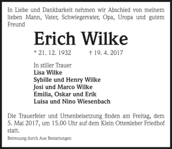 Traueranzeige von Erich Wilke  von Magdeburger Volksstimme