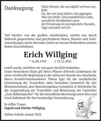 Traueranzeige von Erich Willging  von Magdeburger Volksstimme