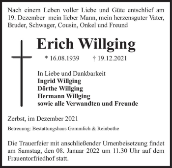 Traueranzeige von Erich Willging  von Magdeburger Volksstimme