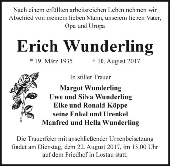 Traueranzeige von Erich Wunderling  von Magdeburger Volksstimme