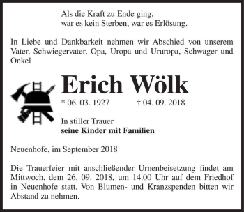 Traueranzeige von Erich Wölk  von Magdeburger Volksstimme