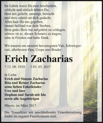 Traueranzeige von Erich Zacharias  von Magdeburger Volksstimme