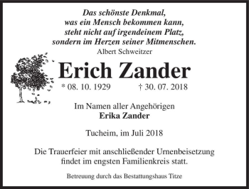 Traueranzeige von Erich Zander  von Magdeburger Volksstimme