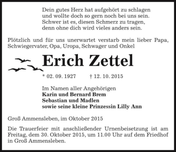 Traueranzeige von Erich Zettel  von Magdeburger Volksstimme