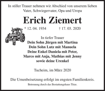 Traueranzeige von Erich Ziemert  von Magdeburger Volksstimme