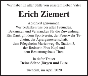 Traueranzeige von Erich Ziemert  von Magdeburger Volksstimme