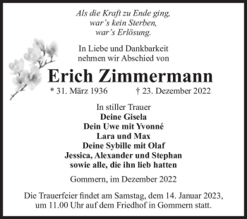 Traueranzeige von Erich Zimmermann  von Magdeburger Volksstimme