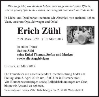 Traueranzeige von Erich Zühl  von Magdeburger Volksstimme