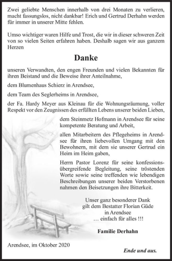 Traueranzeige von Erich und Gertrud Derhahn  von Magdeburger Volksstimme