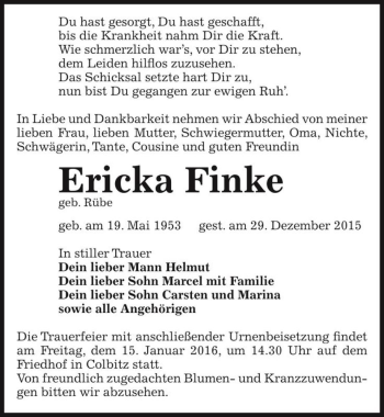 Traueranzeige von Ericka Finke (geb. Rübe)  von Magdeburger Volksstimme