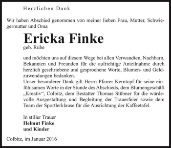 Traueranzeige von Ericka Finke (geb. Rübe)  von Magdeburger Volksstimme
