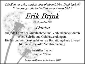 Traueranzeige von Erik Brink  von Magdeburger Volksstimme