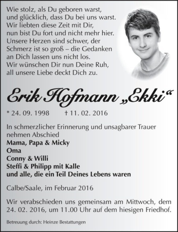Traueranzeige von Erik Hofmann 