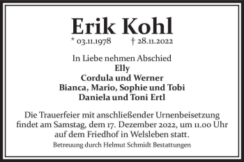 Traueranzeige von Erik Kohl  von Magdeburger Volksstimme