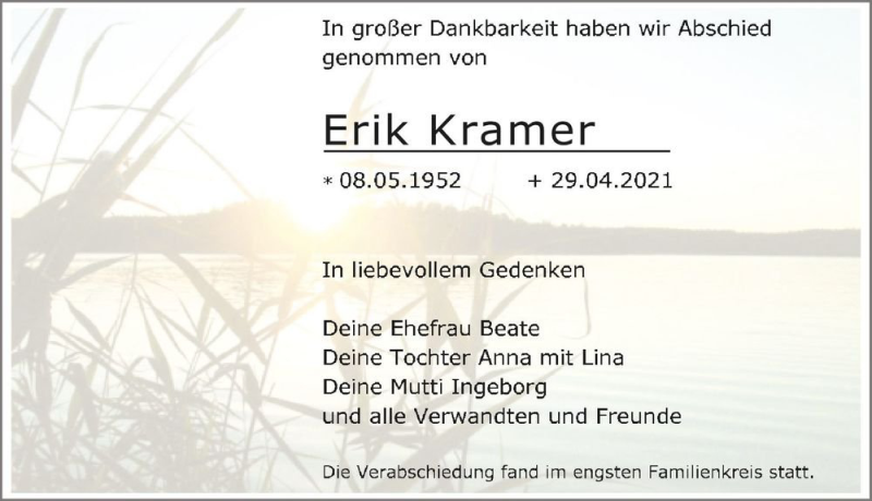  Traueranzeige für Erik Kramer  vom 22.05.2021 aus Magdeburger Volksstimme