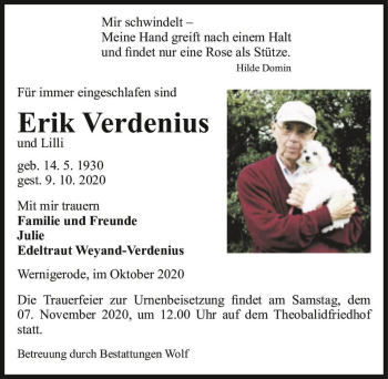 Traueranzeige von Erik Verdenius und Lilli  von Magdeburger Volksstimme
