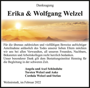 Traueranzeige von Erika & Wolfgang Welzel  von Magdeburger Volksstimme