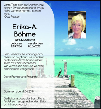 Traueranzeige von Erika-A. Böhme (geb. Münckwitz)  von Magdeburger Volksstimme