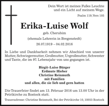 Traueranzeige von Erika-Luise Wolf (geb. Cherubim)  von Magdeburger Volksstimme