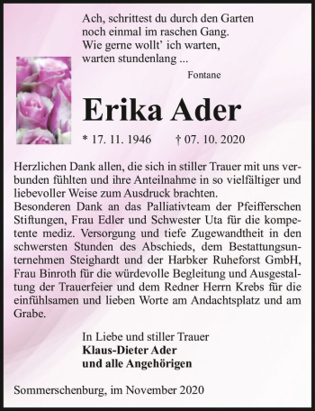 Traueranzeige von Erika Ader  von Magdeburger Volksstimme