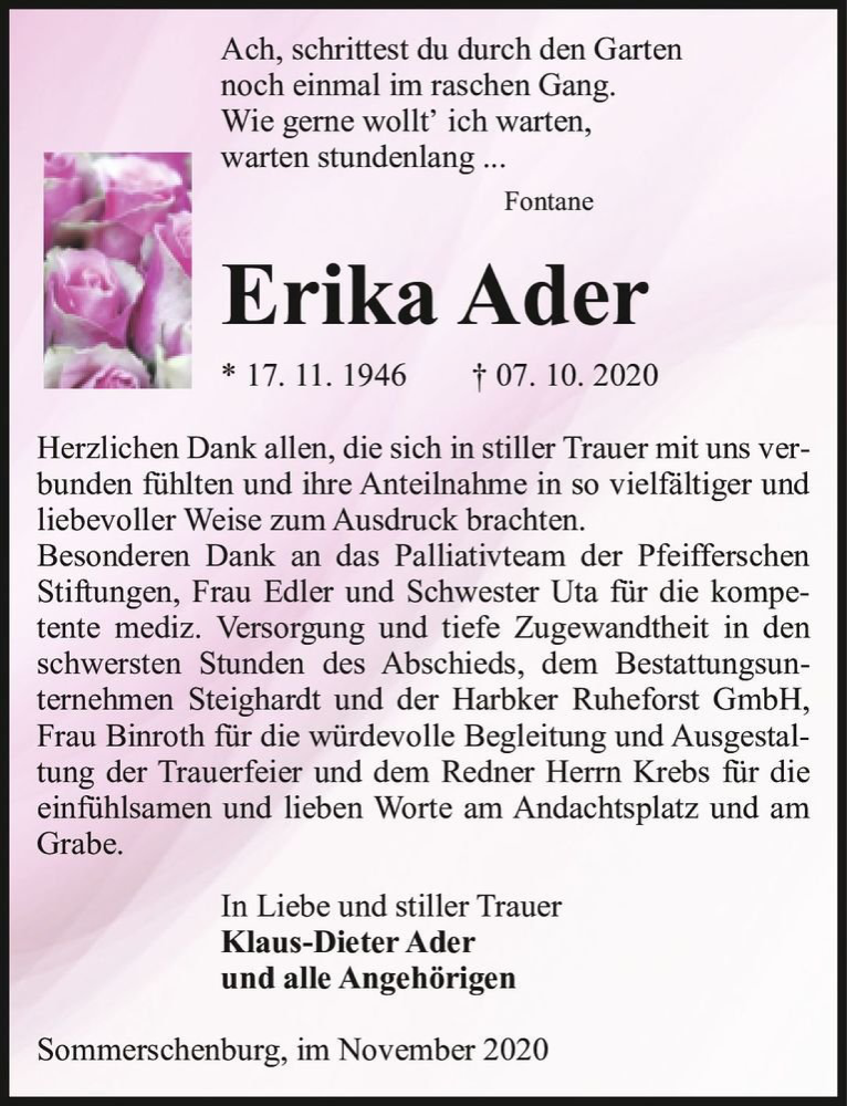  Traueranzeige für Erika Ader  vom 03.11.2020 aus Magdeburger Volksstimme