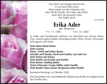 Traueranzeige von Erika Ader (geb. Bergmann)  von Magdeburger Volksstimme
